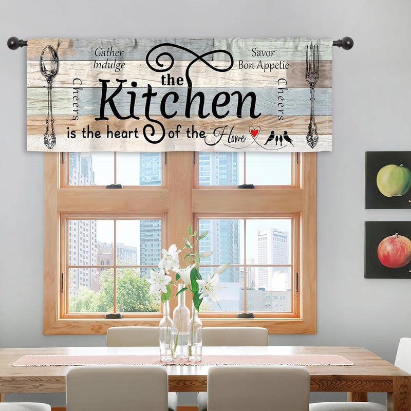 Riyidecor Teal Turquoise Kitchen Curtains and Valances 3 Piece Set Rod Pocket 36 Inch Short Rustic Wooden Board Country Fork and Spoon Retro Vintage Funny Quotes Bedroom Living Room Treatment Fabric - Image 4